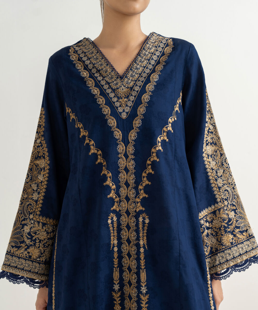 Women's RTW Cotton Jacquard Blue Embroidered A-Line Shirt