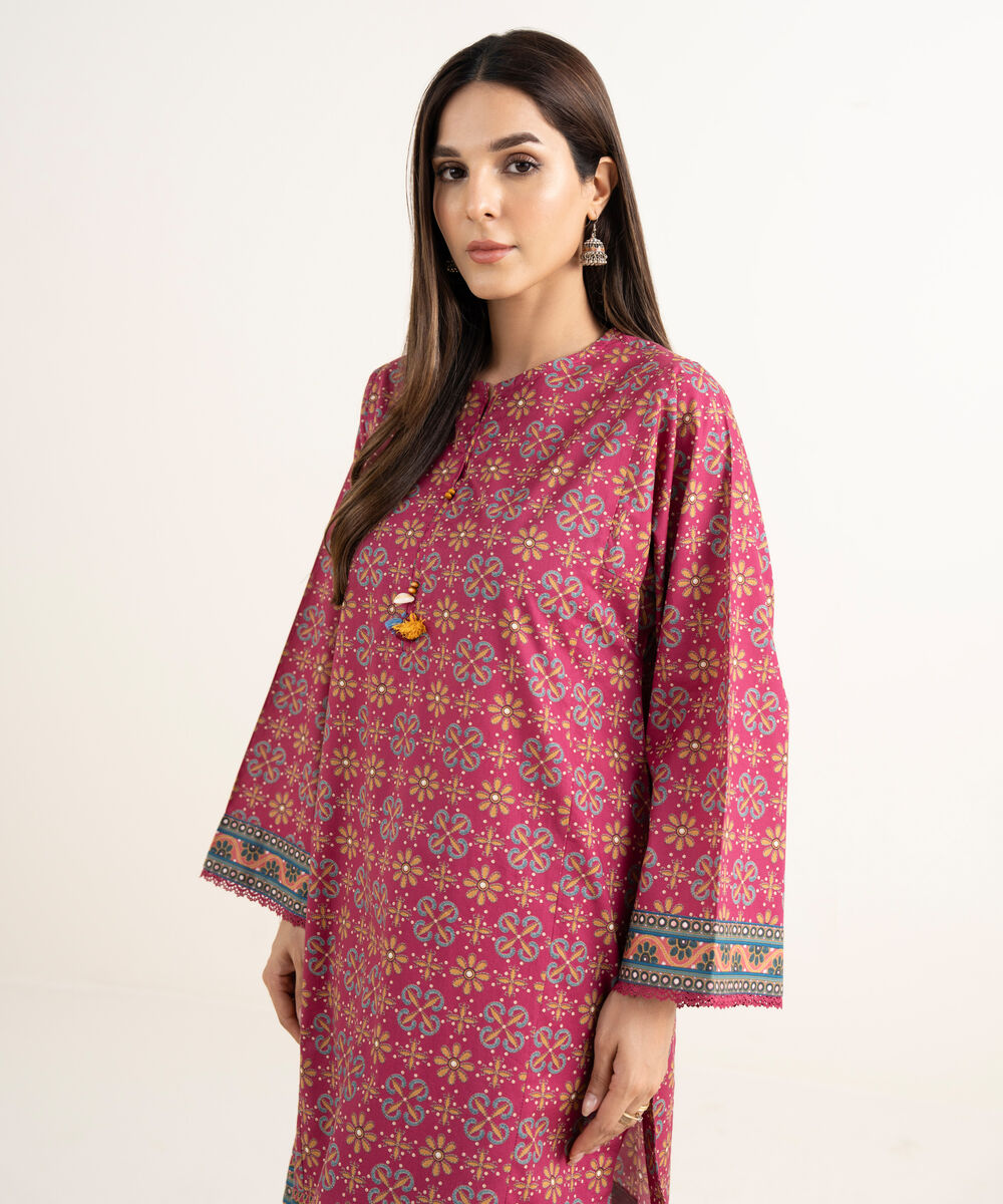 Women's RTW Cambric Pink Printed A-Line Shirt