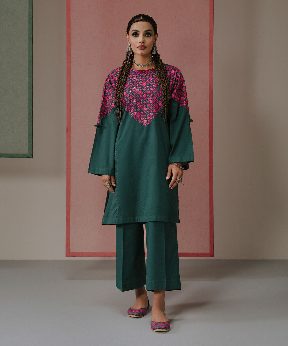 Women's RTW Textured Cotton Green Embroidered A-Line Shirt