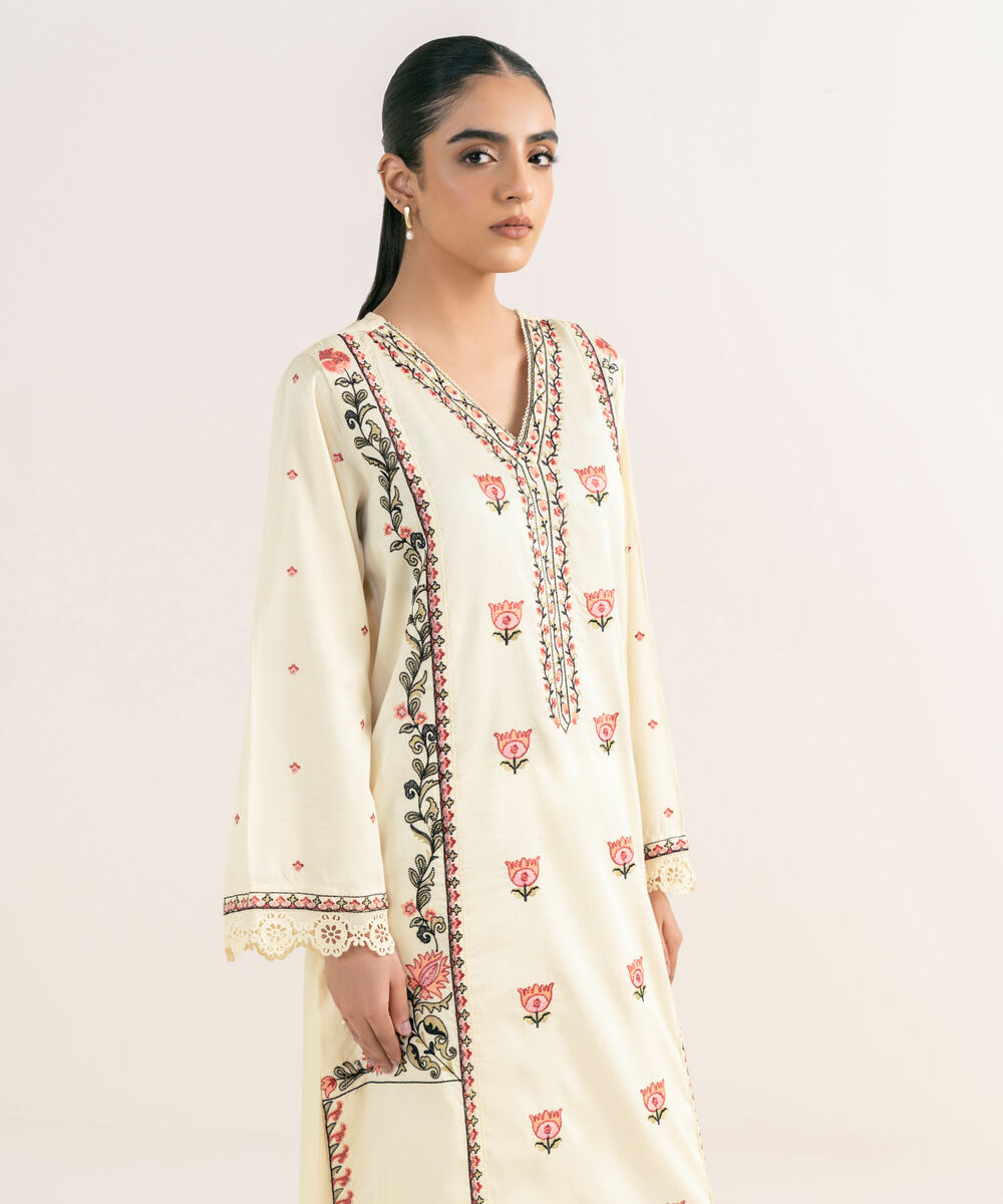 Women's RTW Cotton Satin Off White Embroidered A-Line Shirt