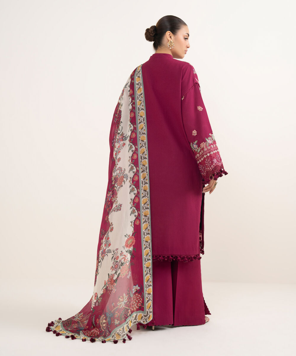 Women's Unstitched Dobby Embroidered Pink 3 Piece Suit