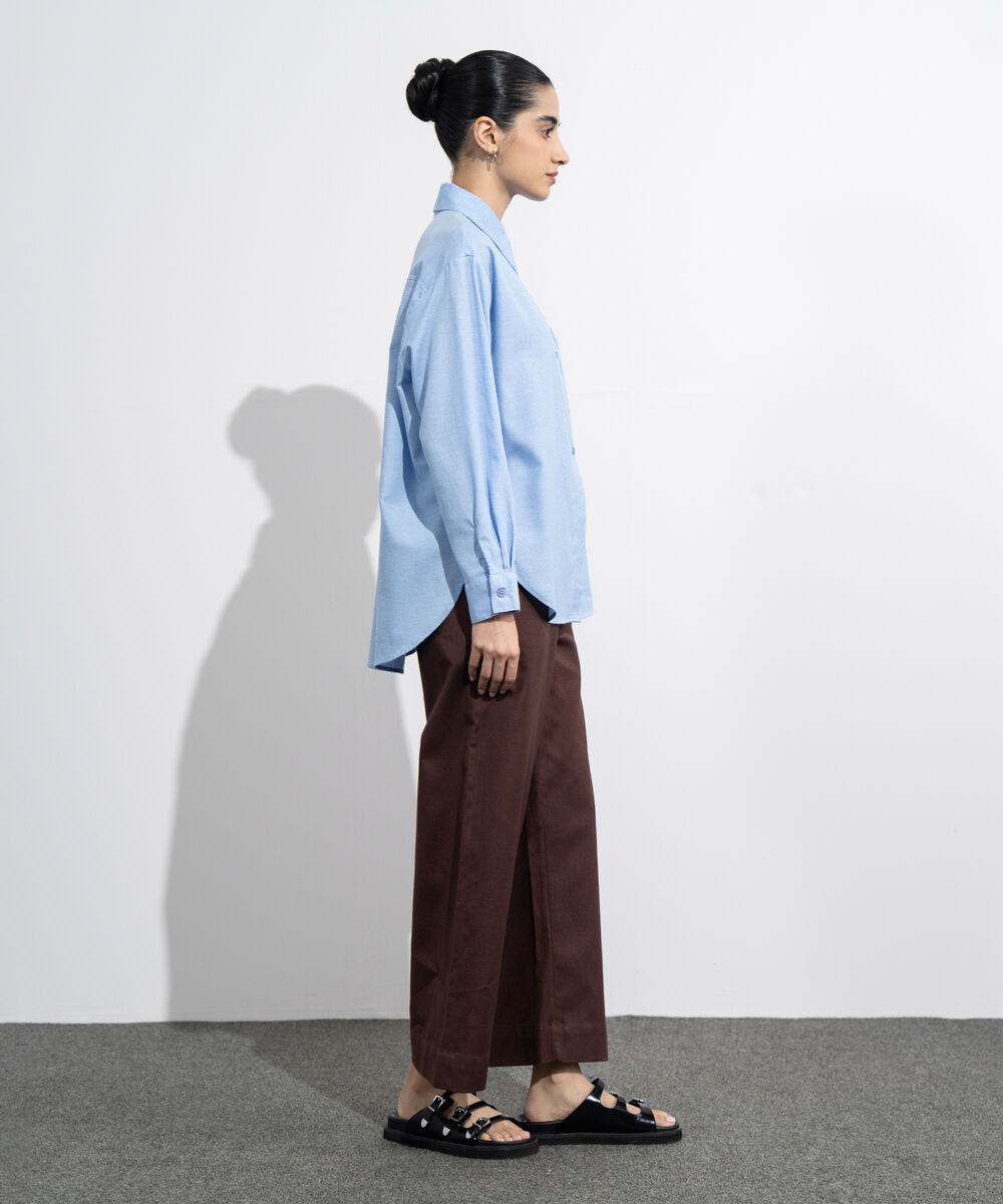 Women's Western Wear Blue Loose-Fit Oxford Shirt