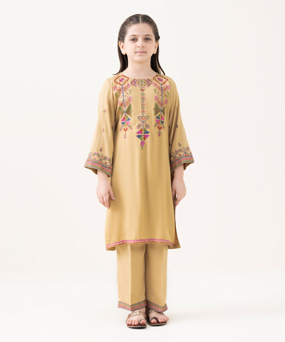 Girl's Bedford  Embroidered Beige 2 Piece Suit