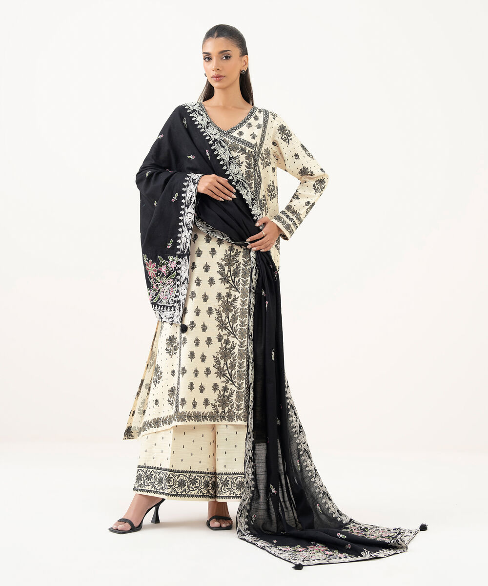Light Khaddar Embroidered Black Dupatta