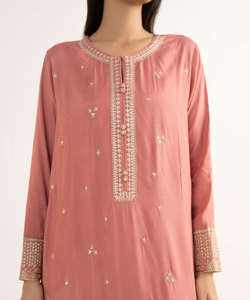 Women's RTW Viscose Raw Silk Pink Embroidered 3 Piece Suit