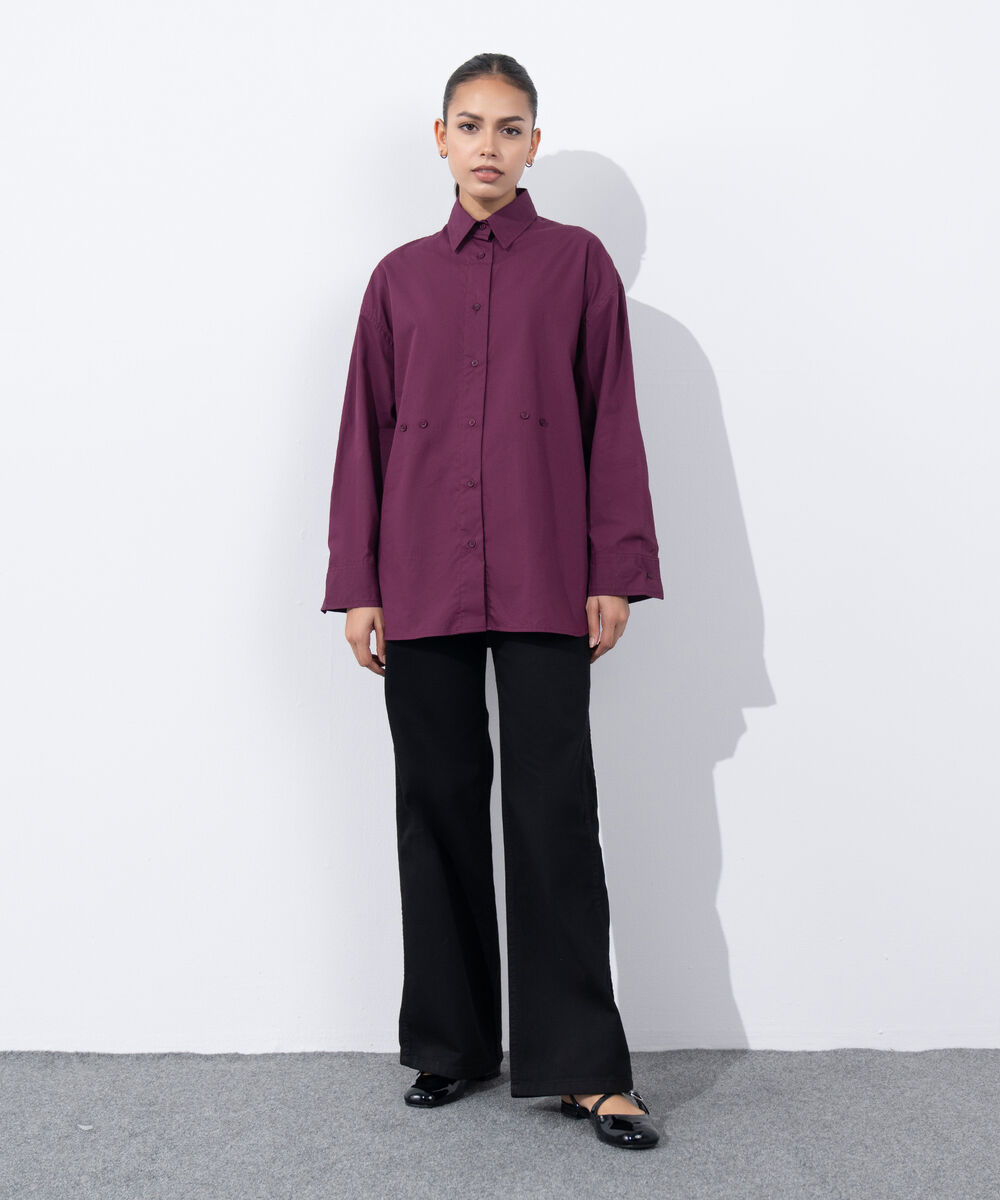 Women's Western Wear Purple Cinched Waist Button Through Shirt