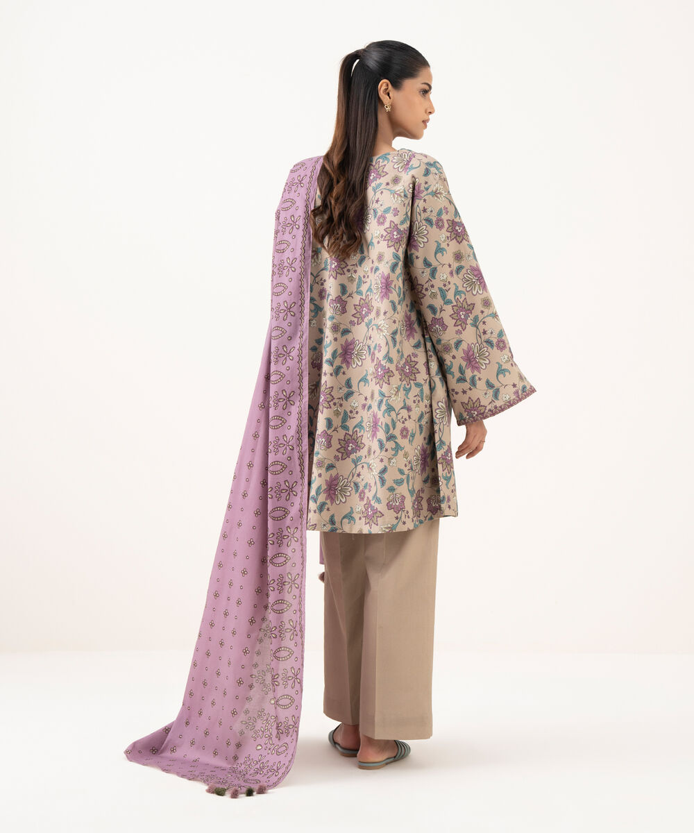 Women's Unstitched Cotton Printed Beige  Three Piece Suit