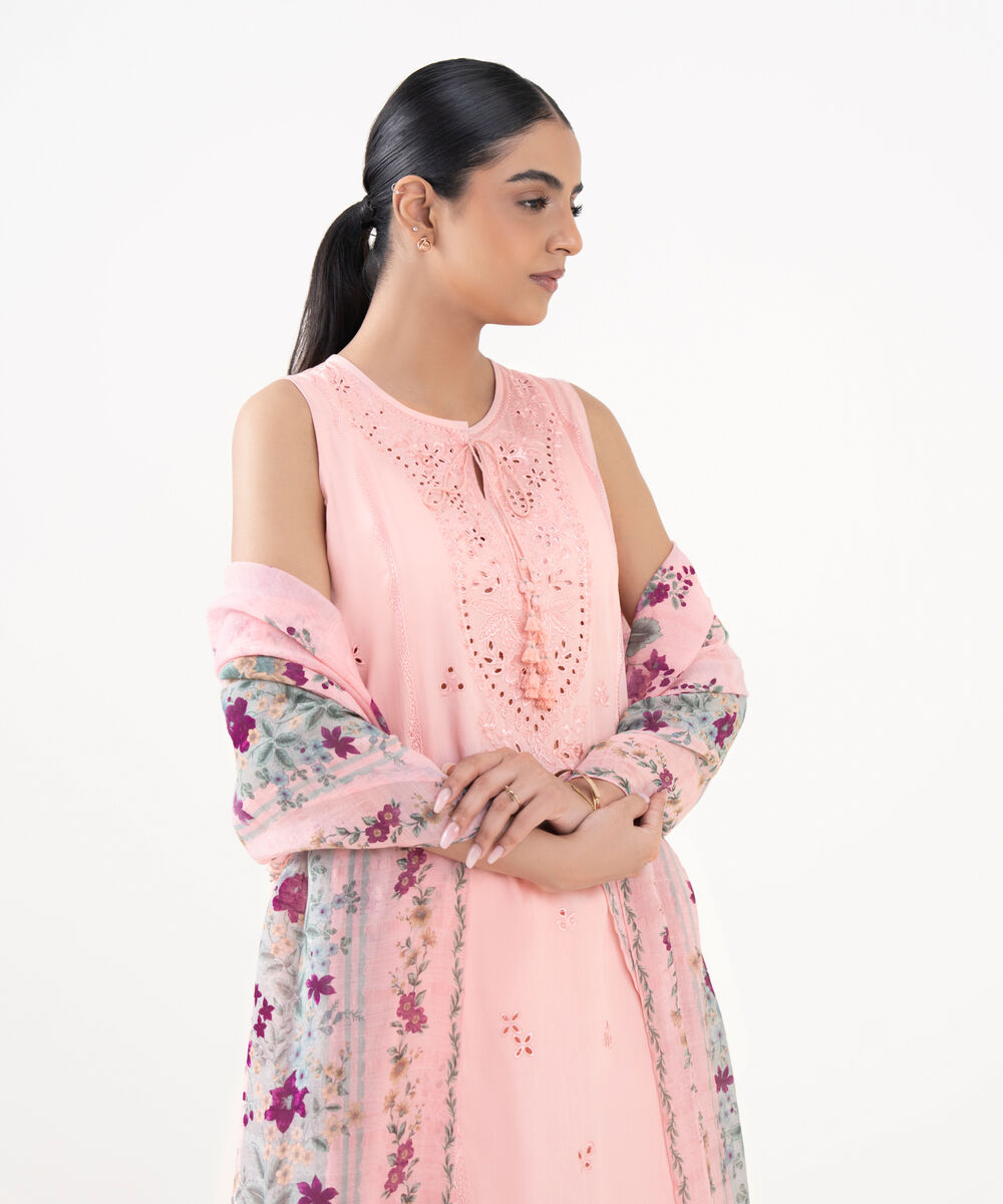 Women's Unstitched Fine Cotton Satin Embroidered Pink 3 Piece Suit
