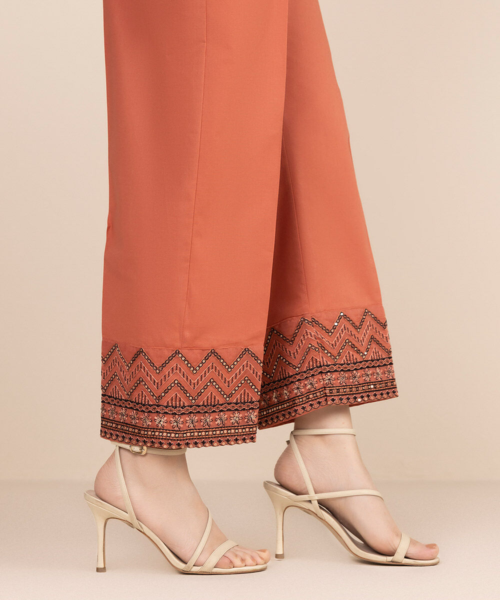 Women's RTW Cambric Orange Embroidered Straight Pants