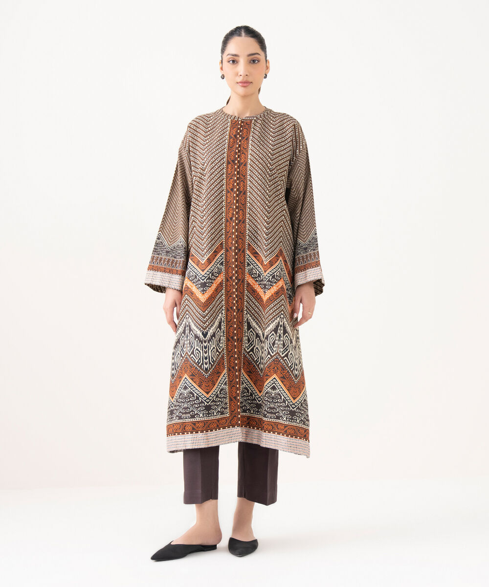 Women's RTW Light Khaddar Embroidered Brown Front Open Shirt