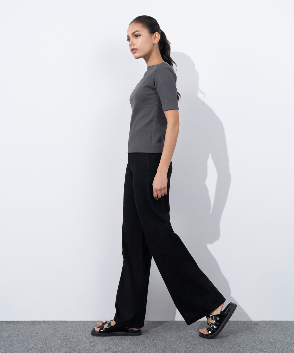 Women's Western Wear Grey Slash Neck Rib Top