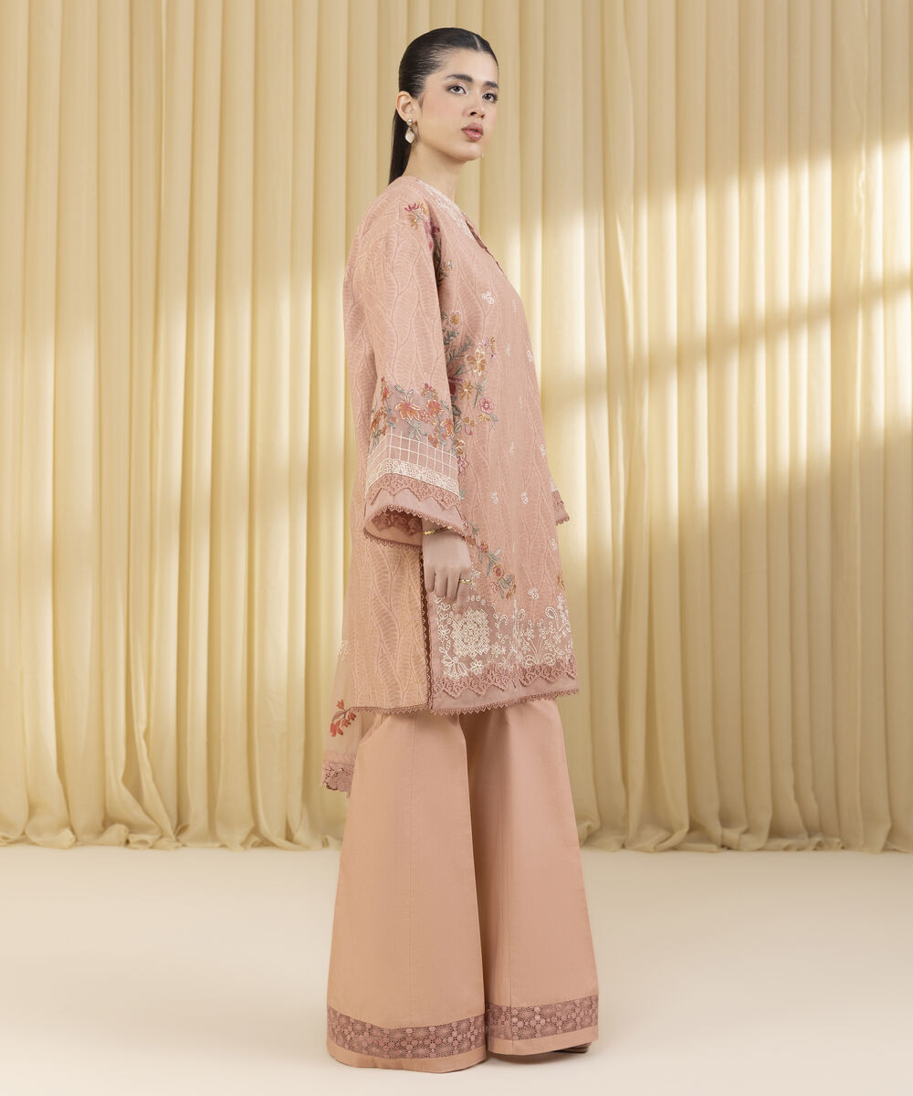 Unstitched Women's Pink Cotton Jacquard 3 Piece Suit