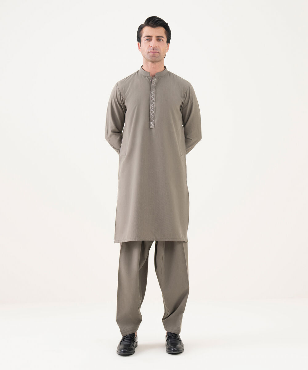Men's Viscose Embroidered Taupe Kurta Shalwar