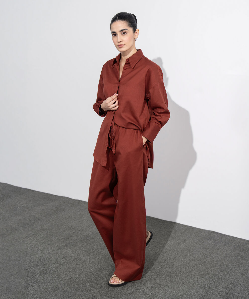 Women's Western Wear Maroon Linen Blend Pull On Trousers