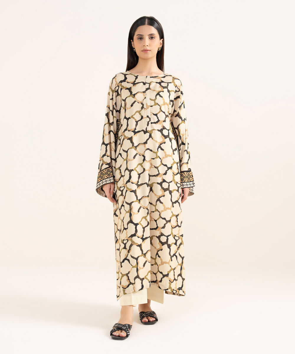 Women's RTW Arabic Lawn Beige Printed Drop Shoulder Shirt