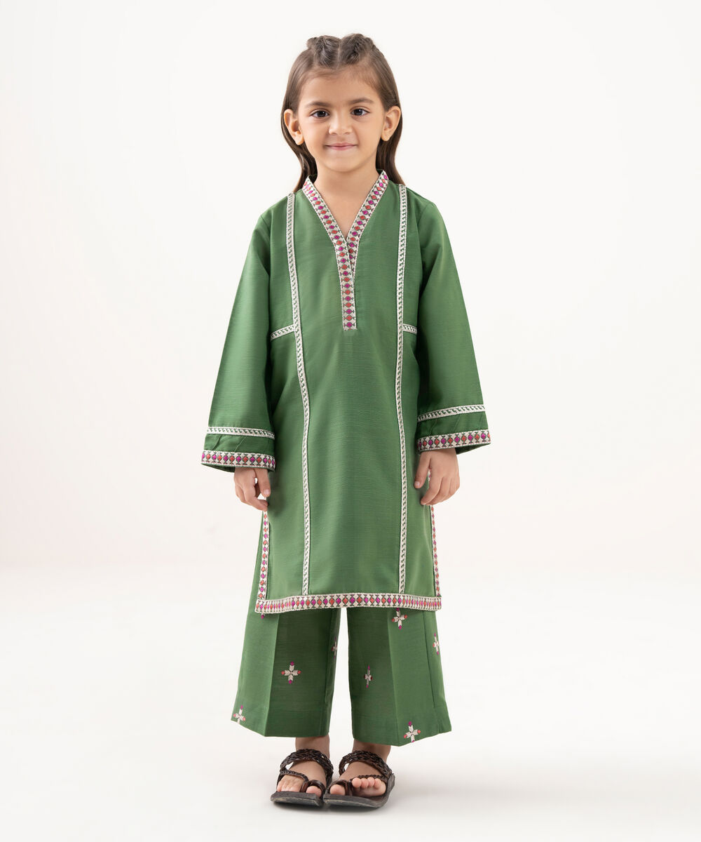 Girl's Light Khaddar Embroidered Green 2 Piece Suit