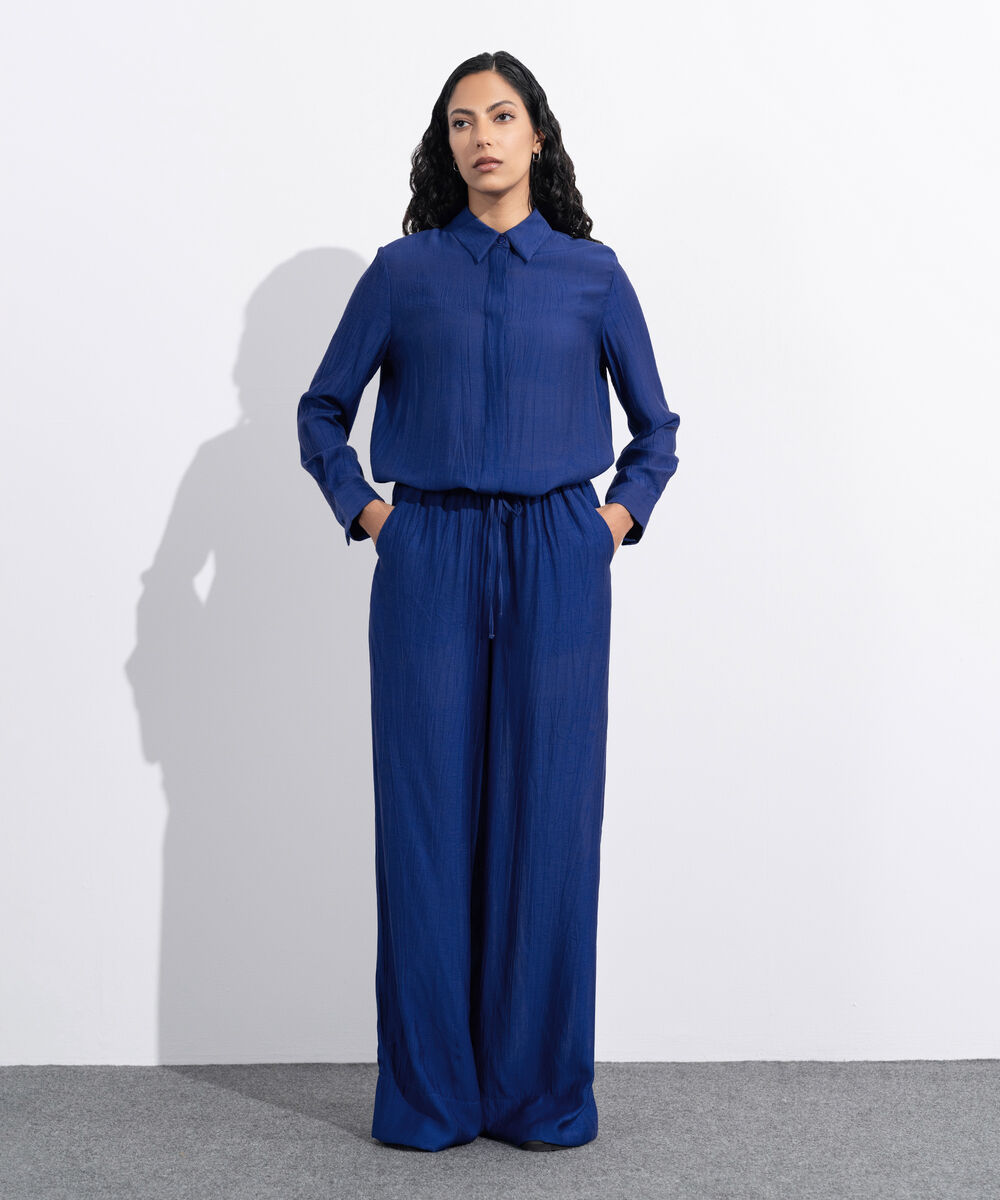 Women's Western Wear Blue Textured Wide-Leg Trousers