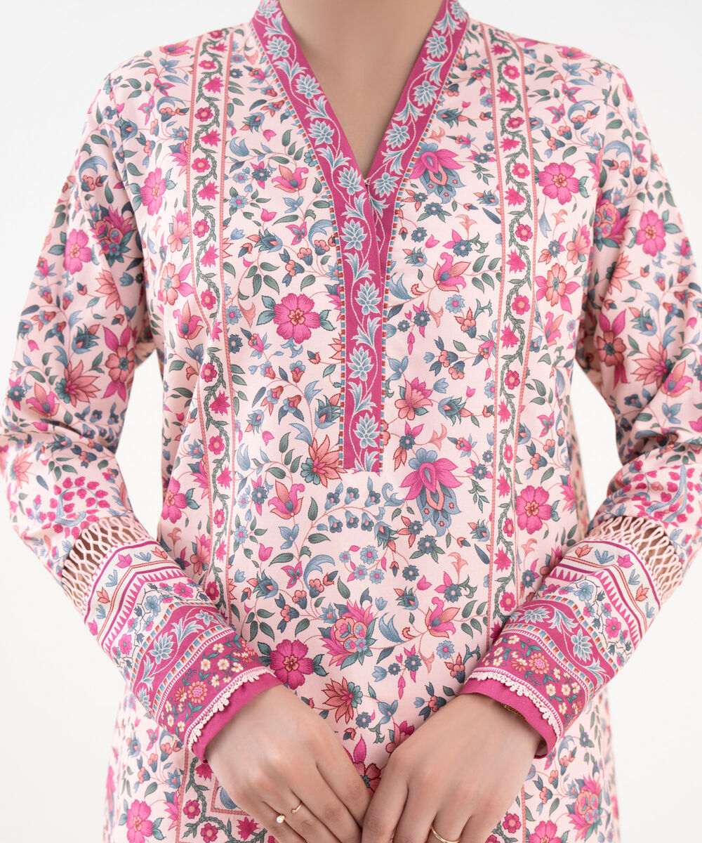 Women's Unstitched Cotton Printed Pink 3 Piece Suit