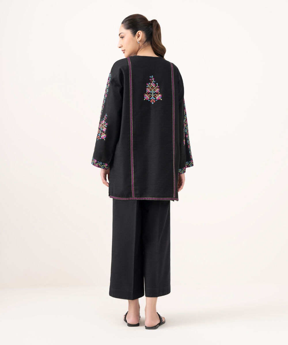 Women's RTW Light Khaddar Embroidered Black Drop Shoulder Shirt