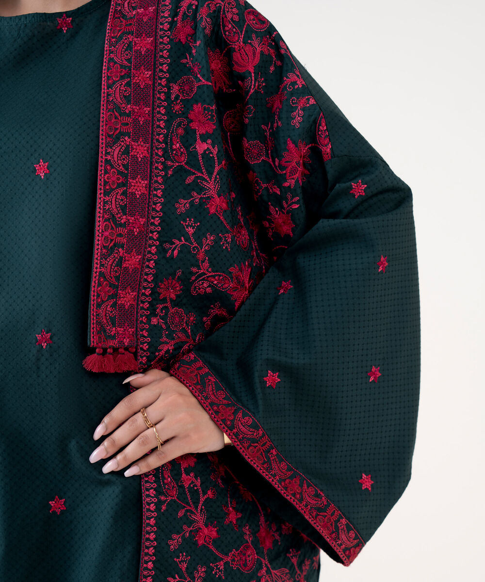 Women's RTW Textured Cotton Blue Embroidered Front Open Waistcoat