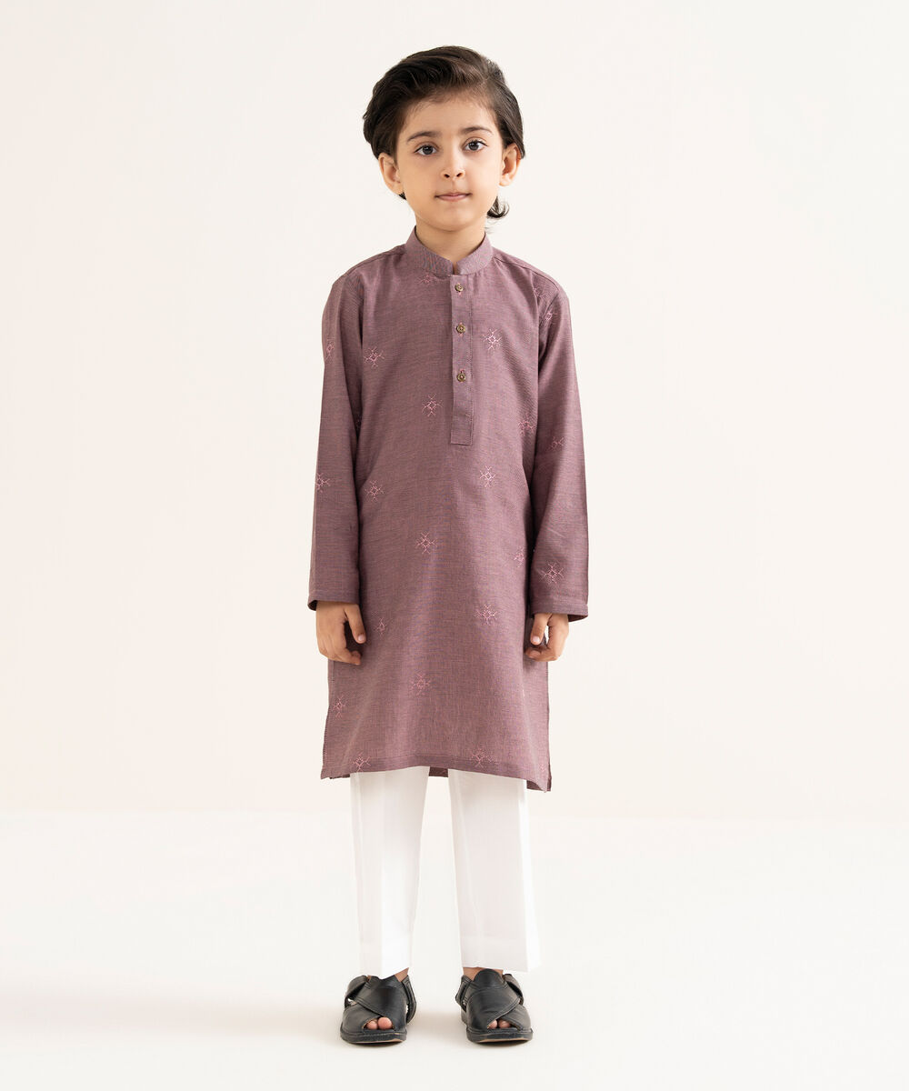 Men's Yarndyed Wash & Wear Embroidered Purple Kurta