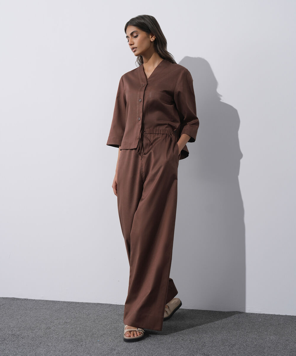 Women's Western Wear Brown Linen Blend Pull On Trousers