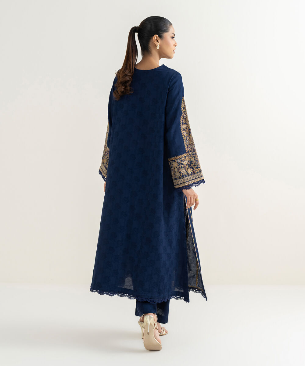 Women's RTW Cotton Jacquard Blue Embroidered A-Line Shirt