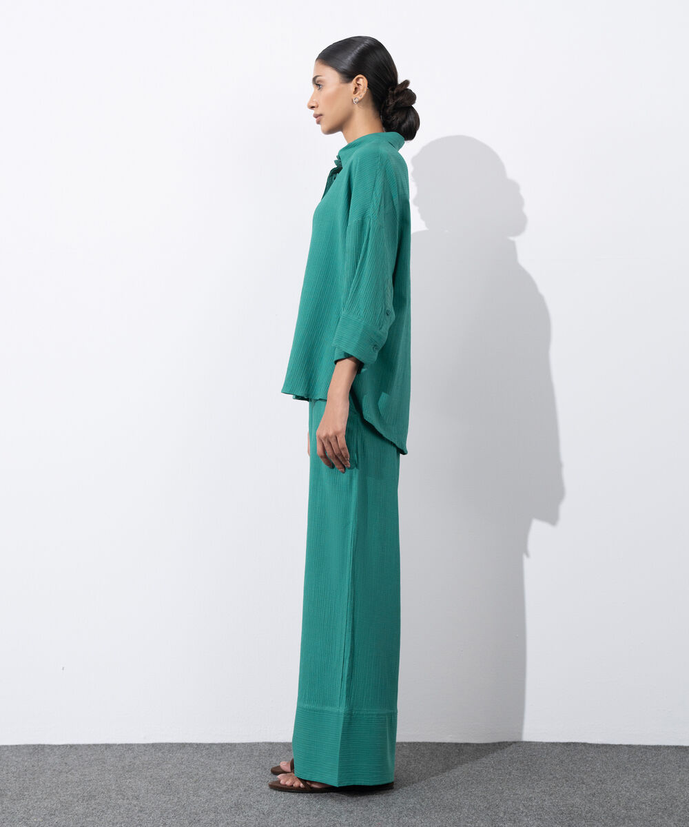 Women's Western Wear Green Seersucker Button Through Shirt