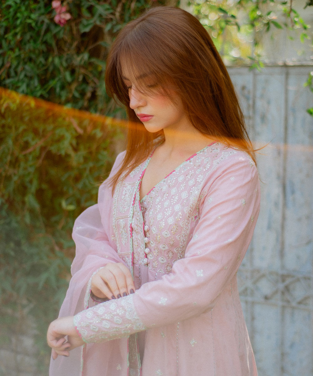 Women's RTW Cotton Jacquard Pink Embroidered Three Piece Suit