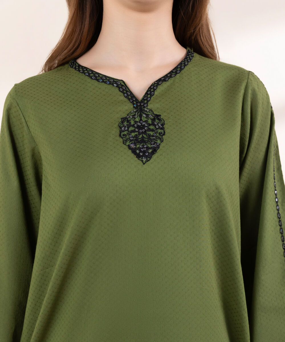 Women's RTW Dobby Green Embroidered A-Line Shirt