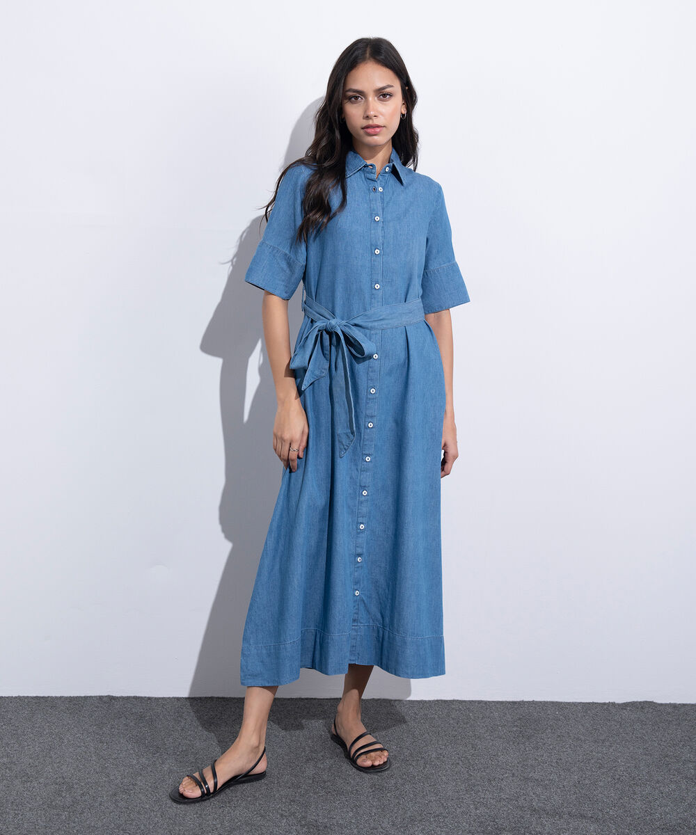 Women's Western Wear Blue Denim Short Sleeve Dress With Belt