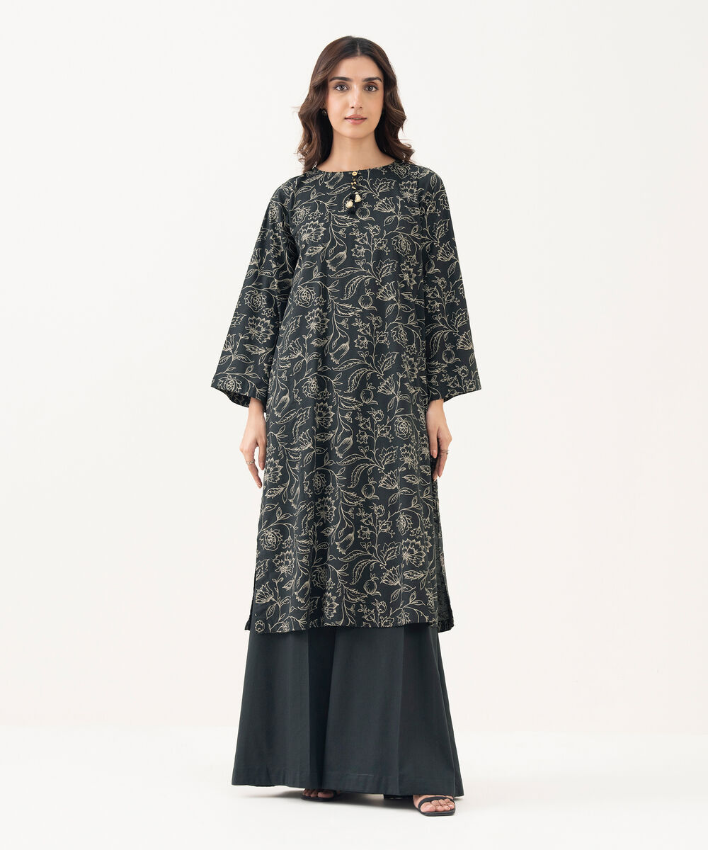 Women's RTW Cotton Viscose Printed A-Line Black Shirt