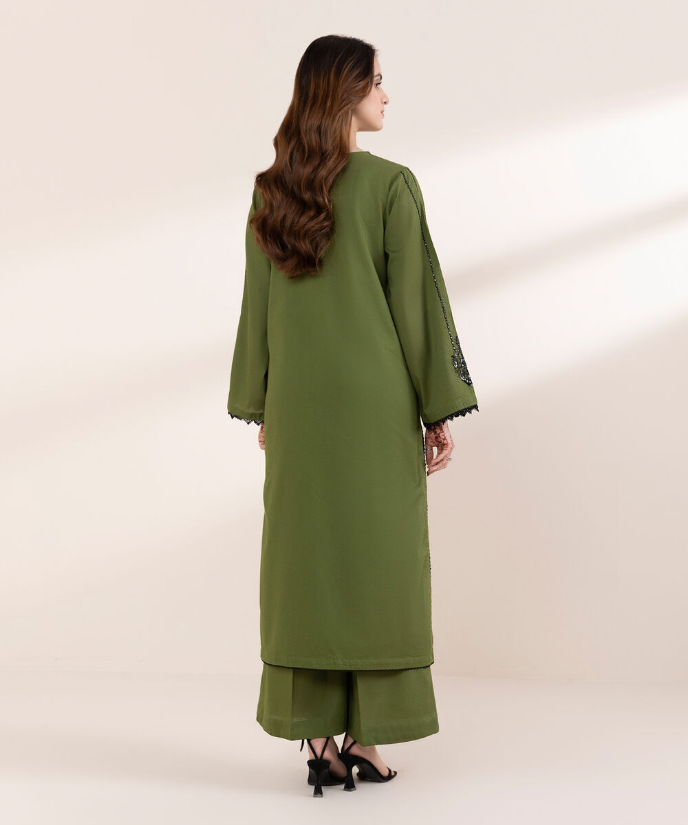 Women's RTW Dobby Green Embroidered A-Line Shirt