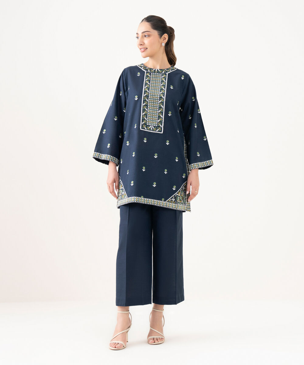 Women's RTW Cotton Embroidered Blue Straight Shirt