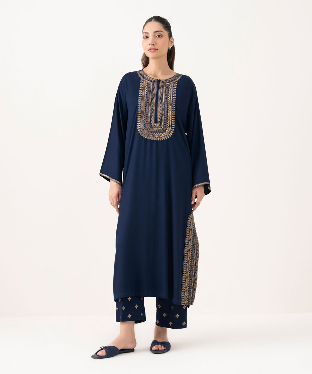 Women's RTW Bedford  Embroidered Blue A-Line Shirt