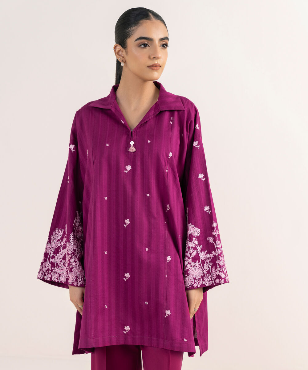 Women's RTW Textured Lawn Purple Embroidered Drop Shoulder Shirt