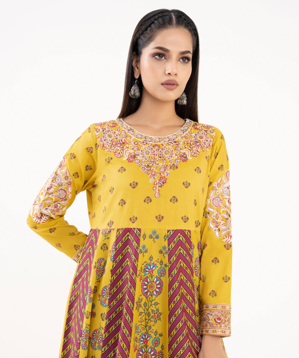 Women's RTW Lawn Viscose Yellow Embroidered Pishwas