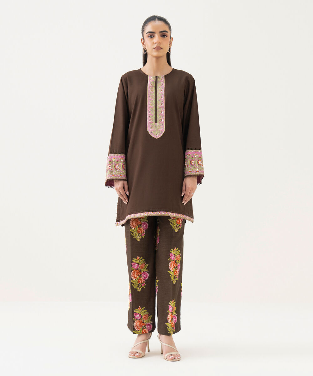 Women's RTW Light Khaddar Embroidered Brown Straight Shirt