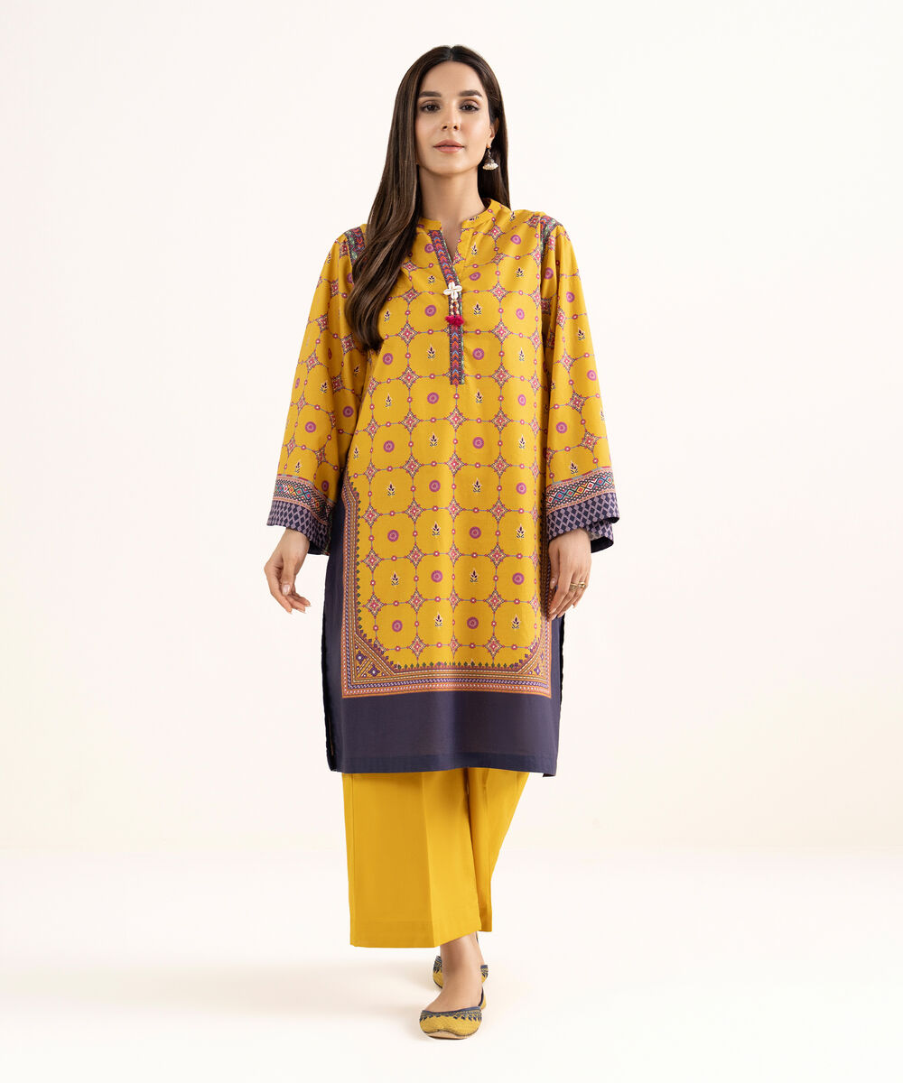 Women's RTW Cambric Mustard Printed A-Line Shirt