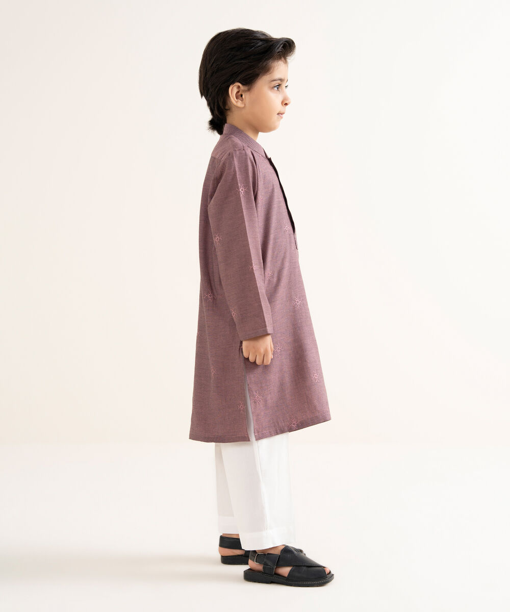 Men's Yarndyed Wash & Wear Embroidered Purple Kurta