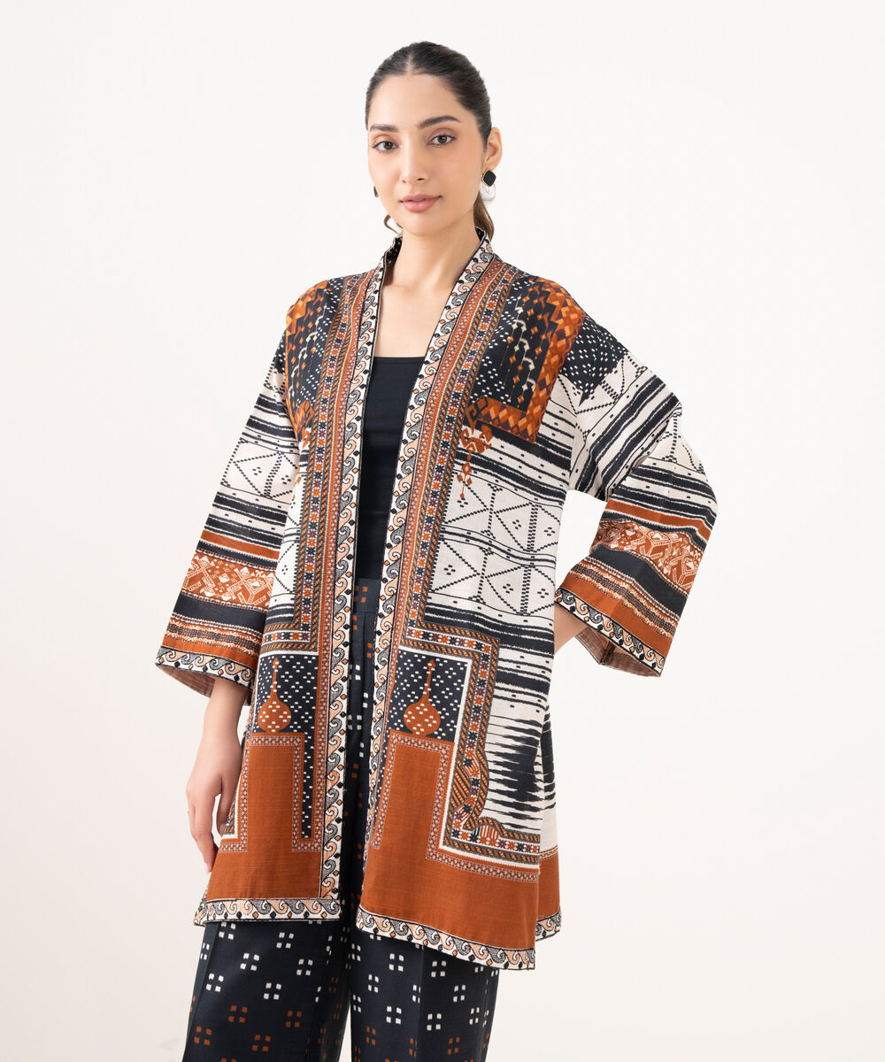 Women's RTW Light Khaddar Embroidered Brown Front Open Shirt