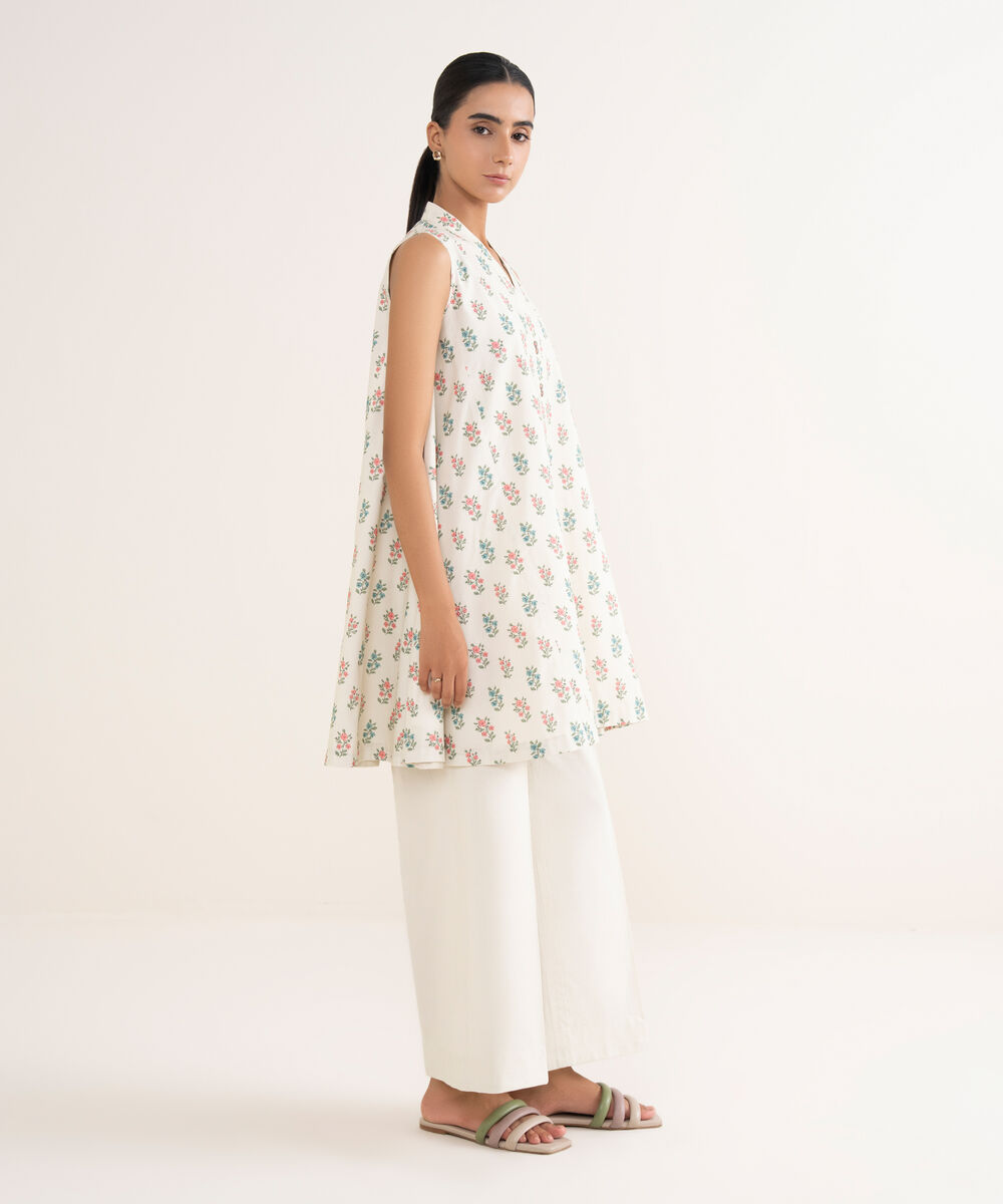 Women's Unstitched Cotton Printed Off White 2 Piece Suit