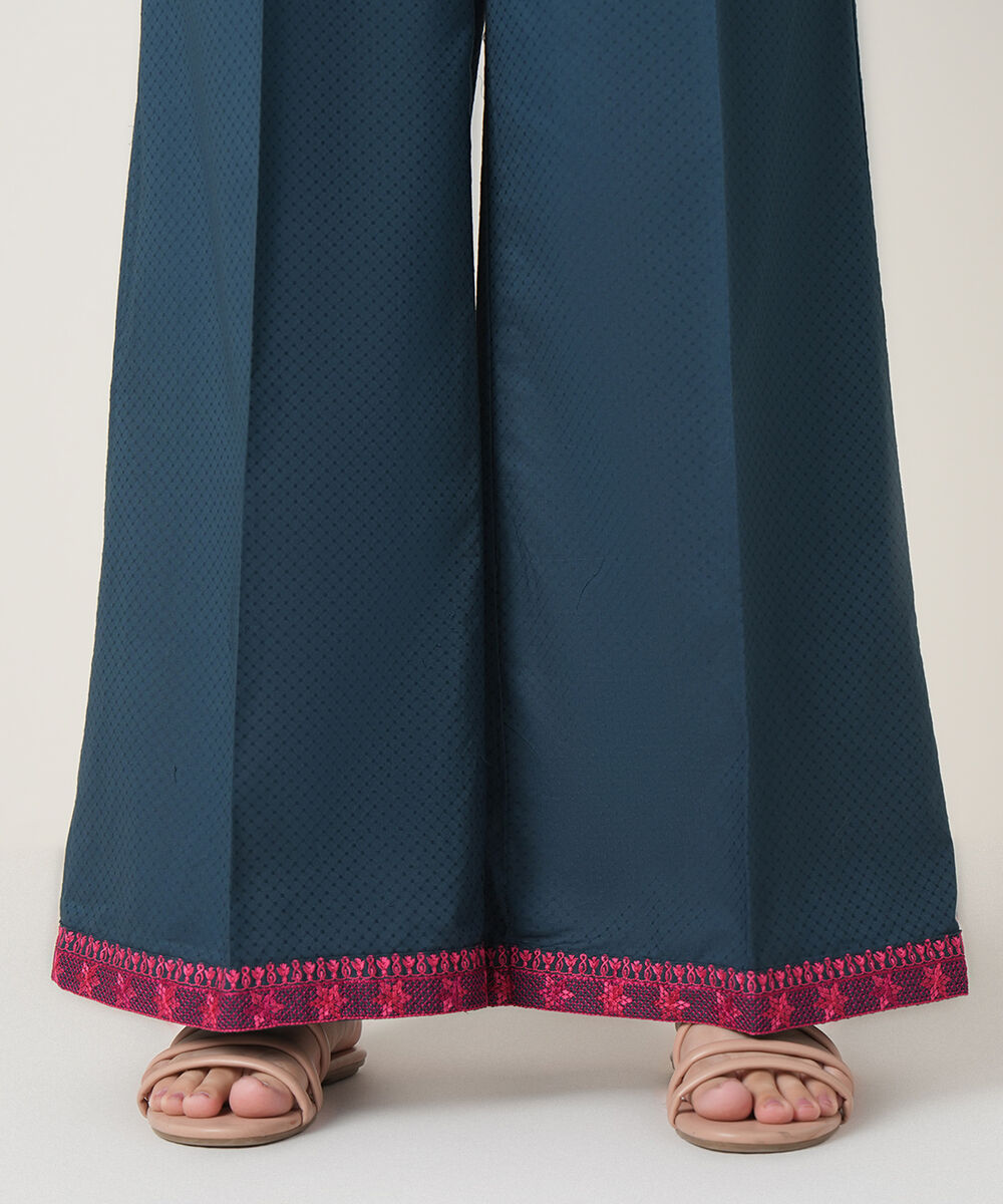 Women's RTW Textured Cotton Blue Embroidered Trousers