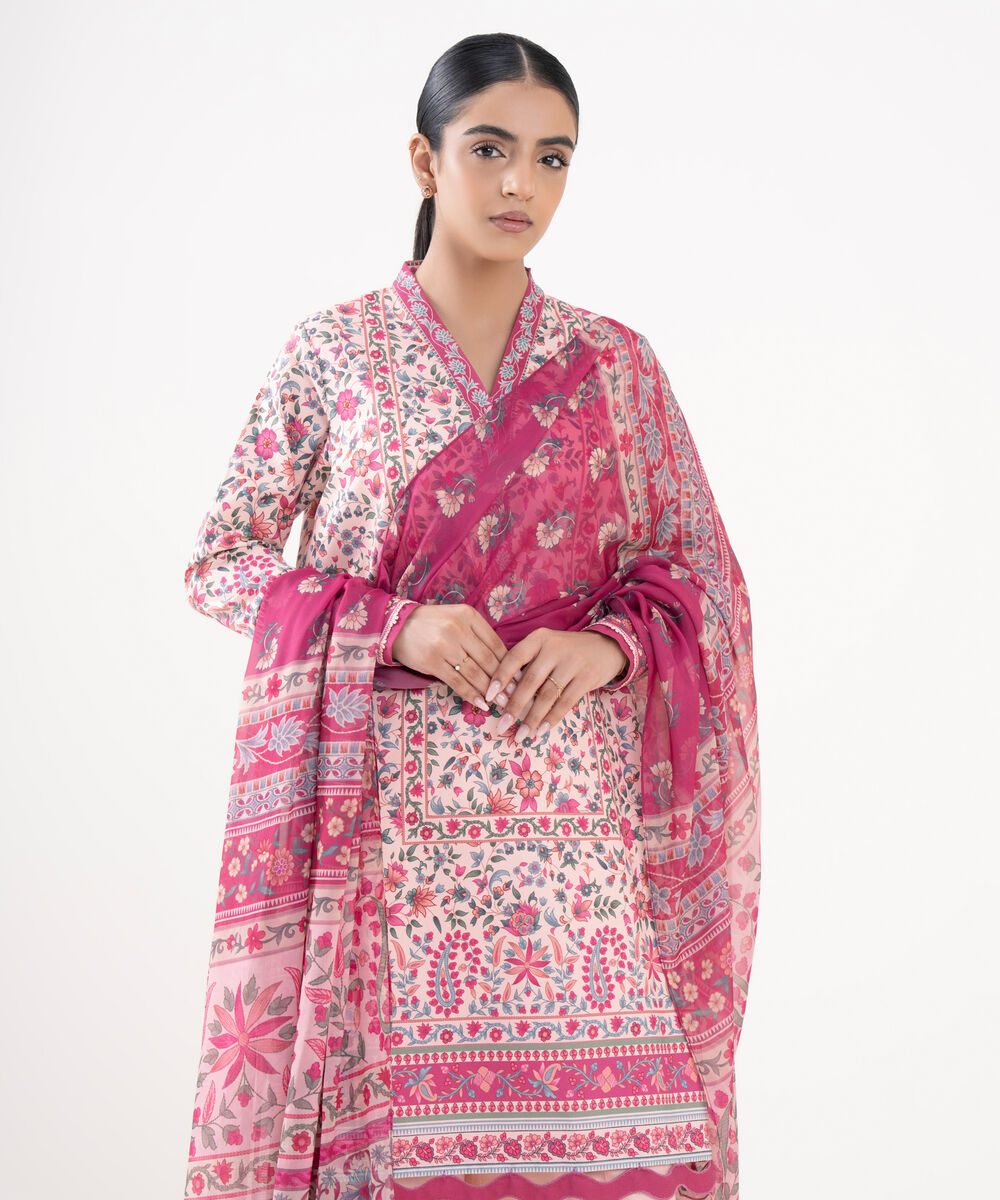 Women's Unstitched Cotton Printed Pink 3 Piece Suit
