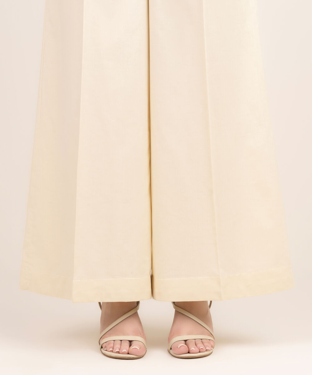 Women's RTW Cotton Viscose Solid Off White Flared Pants