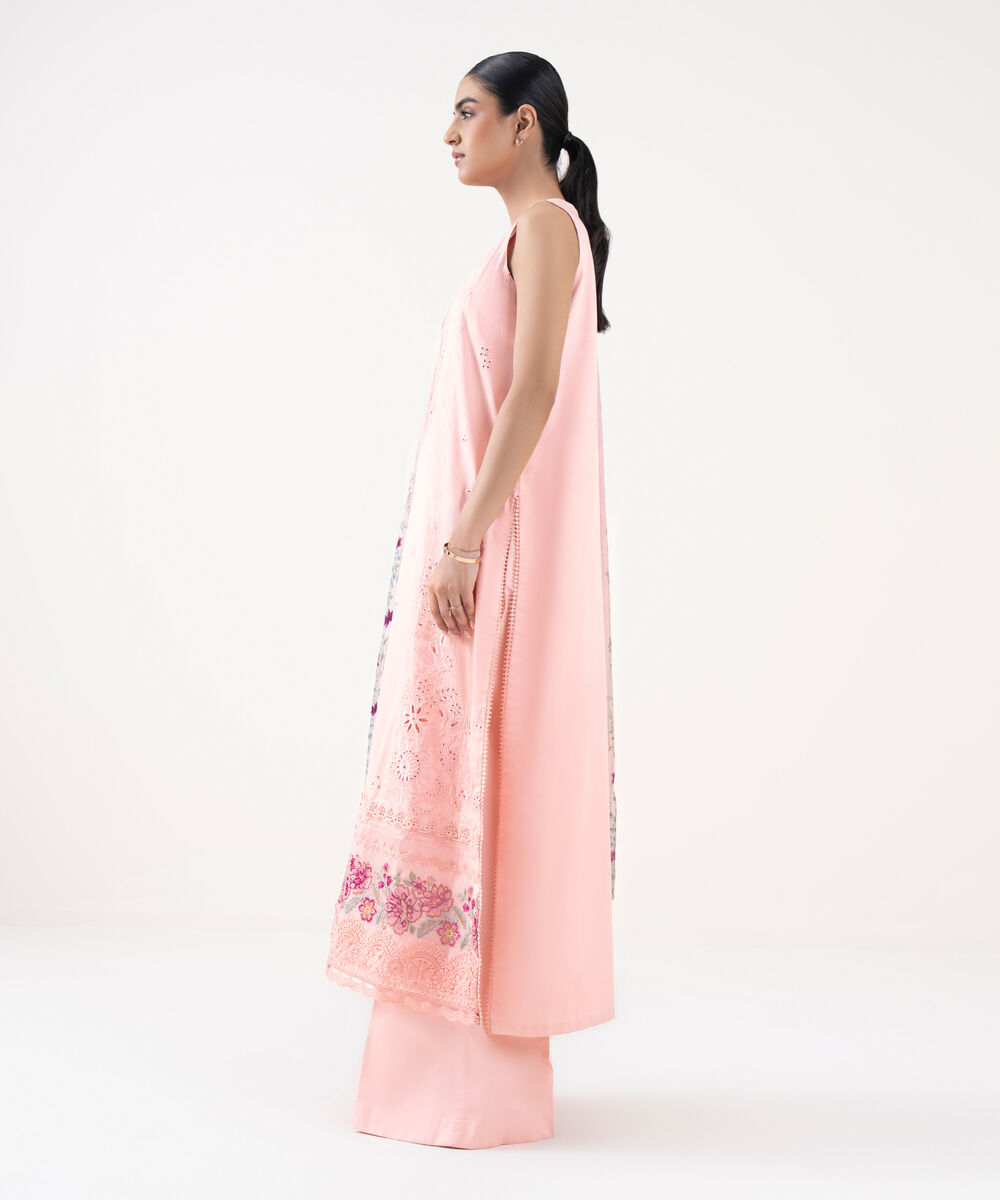 Women's Unstitched Fine Cotton Satin Embroidered Pink 3 Piece Suit