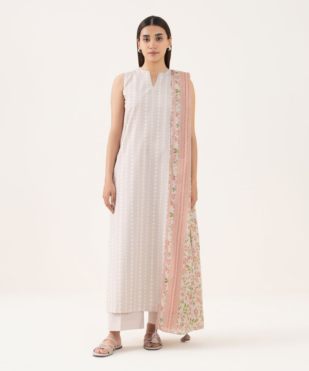 Women's Unstitched Cotton Printed Pink 3 Piece Suit