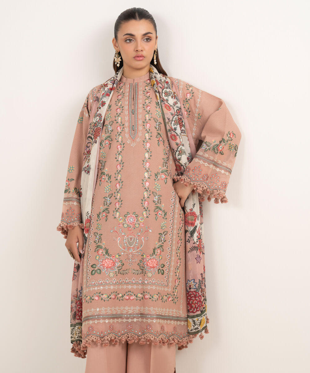 Women's Unstitched Dobby Embroidered Beige 3 Piece Suit