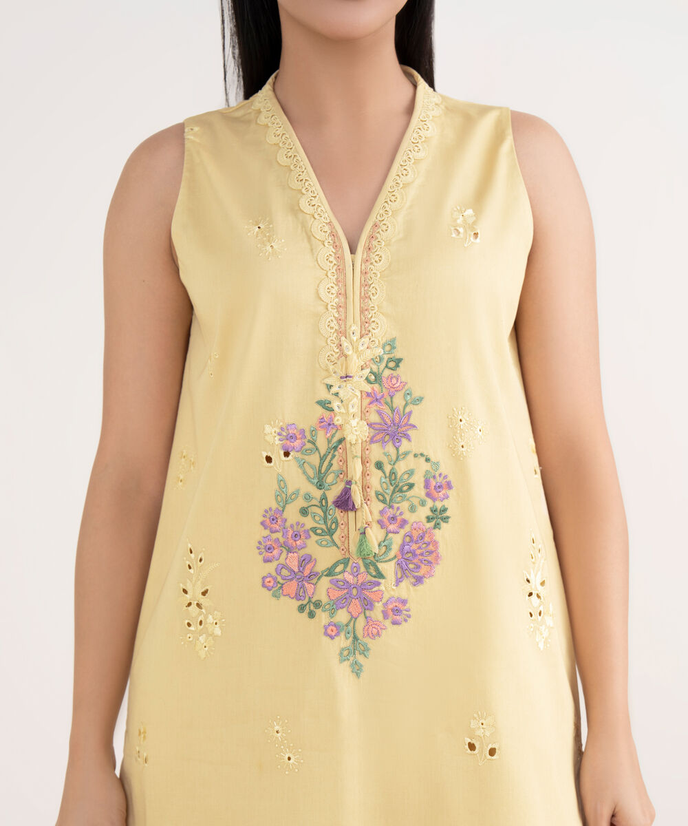 Women's Unstitched Fine Cotton Satin Embroidered Yellow 3 Piece Suit