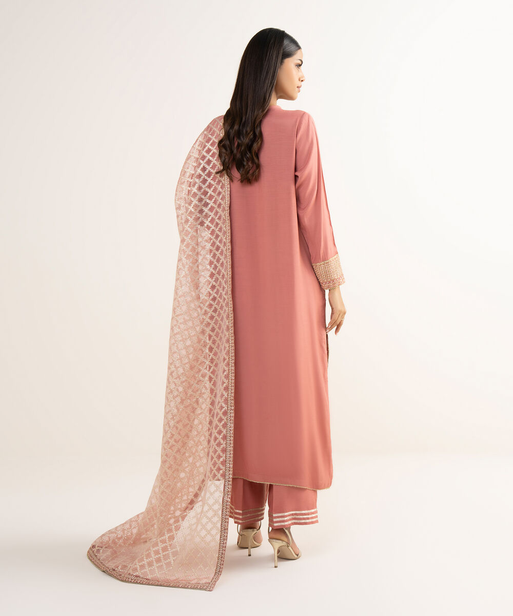 Women's RTW Viscose Raw Silk Pink Embroidered 3 Piece Suit